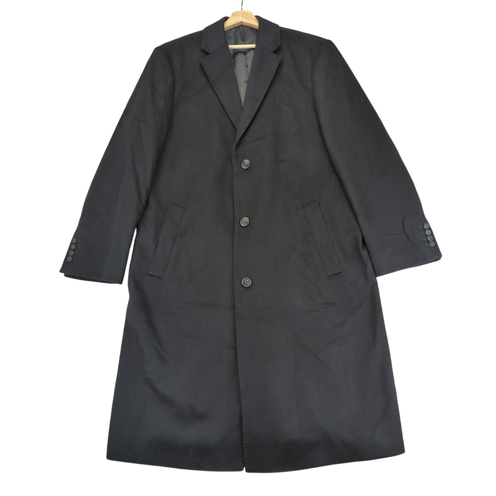 Hart Schaffner Marx Mens Black 100% Cashmere Overcoat Top Coat Long‎ Size 42R